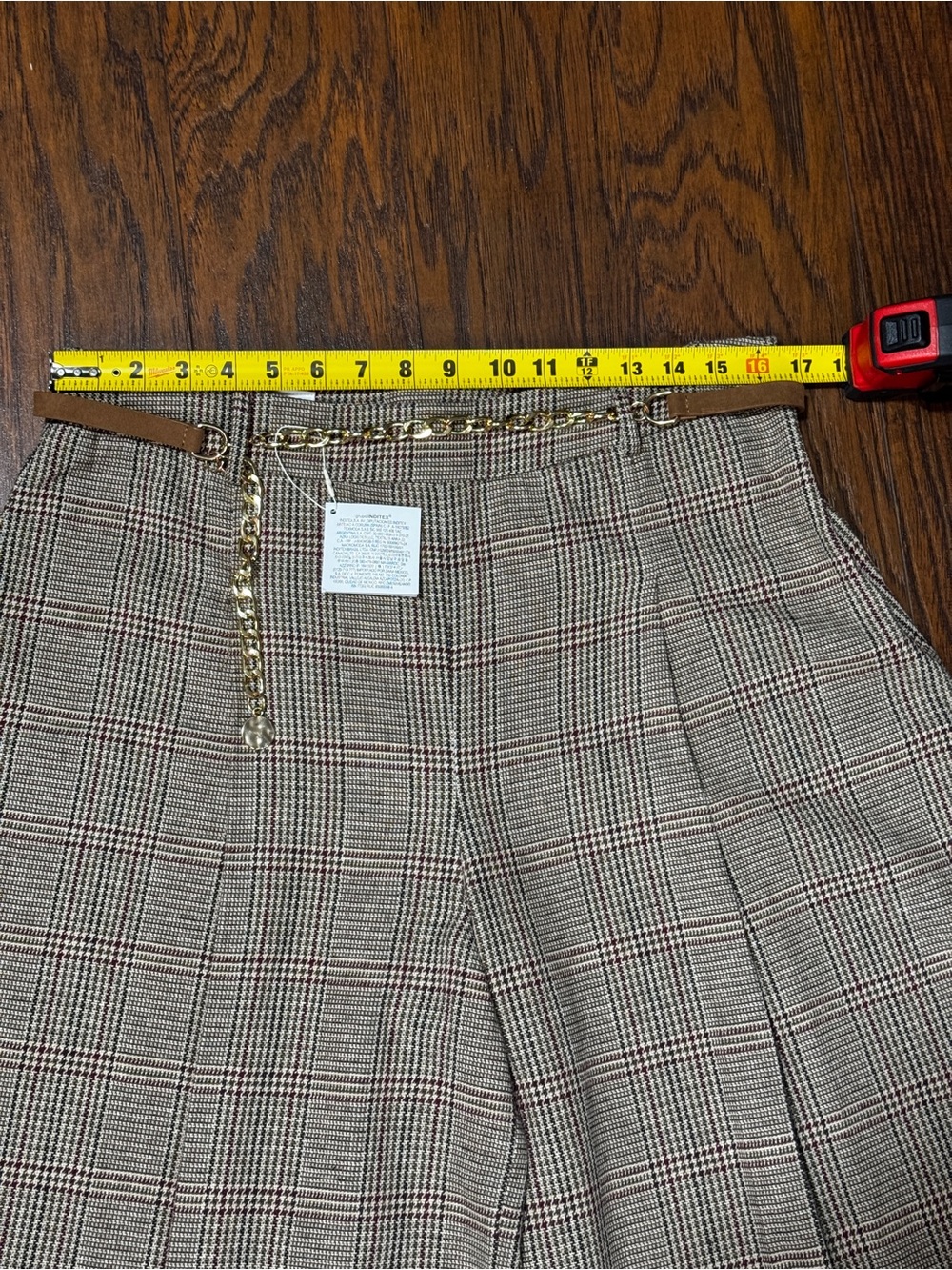 ZARA Womens Large Brown Plaid Pleated Wide-Leg Culottes with Chain Accent - Picture 7 of 9
